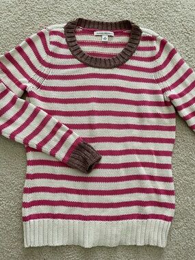 Banana Republic Pink & Cream Striped Crewneck Sweater with Brown Trim
